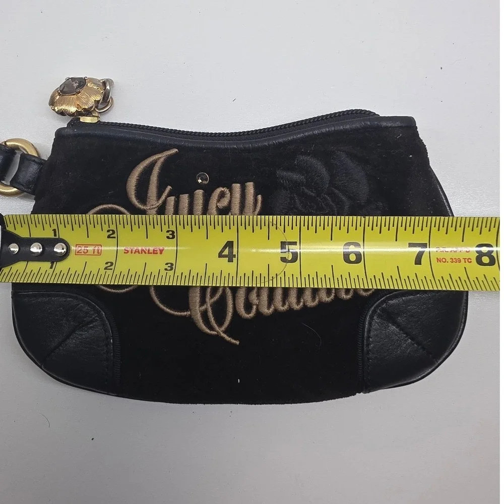 Juicy Couture Black Velour Wristlet Pouch Leather Trim Gold Logo Y2K Bag